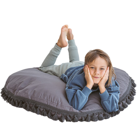 MINICAMP Large Floor Cushion With Tassels in Grey - Floor pillow - ELLIE